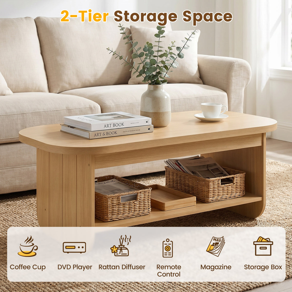 2-Tier Oval Coffee Table for Living Room Mid Century Center Table with Bottom Storage Shelf-Natural