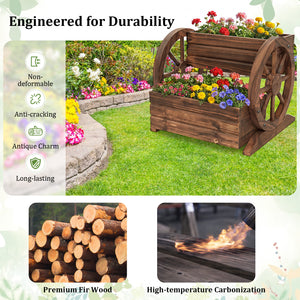 2-Tier Raised Garden Bed Rustic Wood Wagon Shape with Drainage Holes and Wheels-Coffee