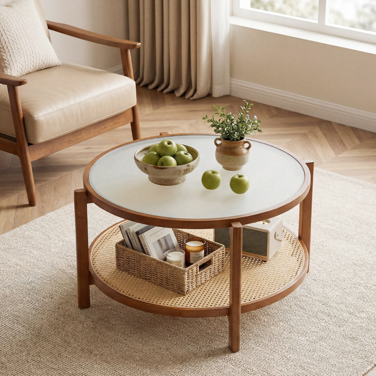 2-Tier Rattan Coffee Table with Frosted Tempered Glass Top and Wood Legs-Walnut