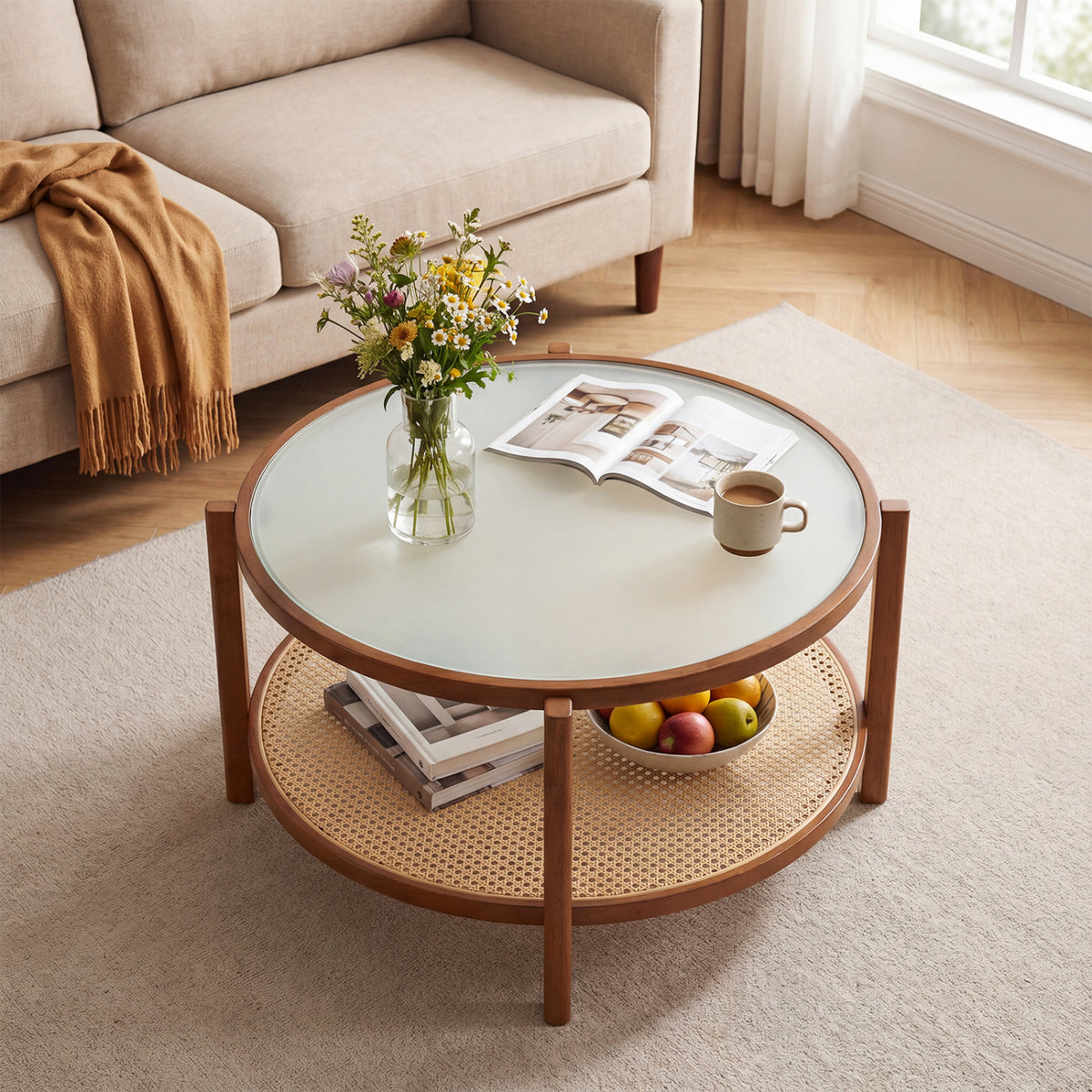 2-Tier Rattan Coffee Table with Frosted Tempered Glass Top and Wood Legs-Walnut