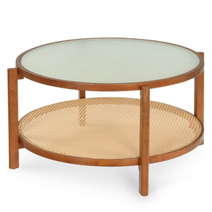 2-Tier Rattan Coffee Table with Frosted Tempered Glass Top and Wood Legs-Walnut