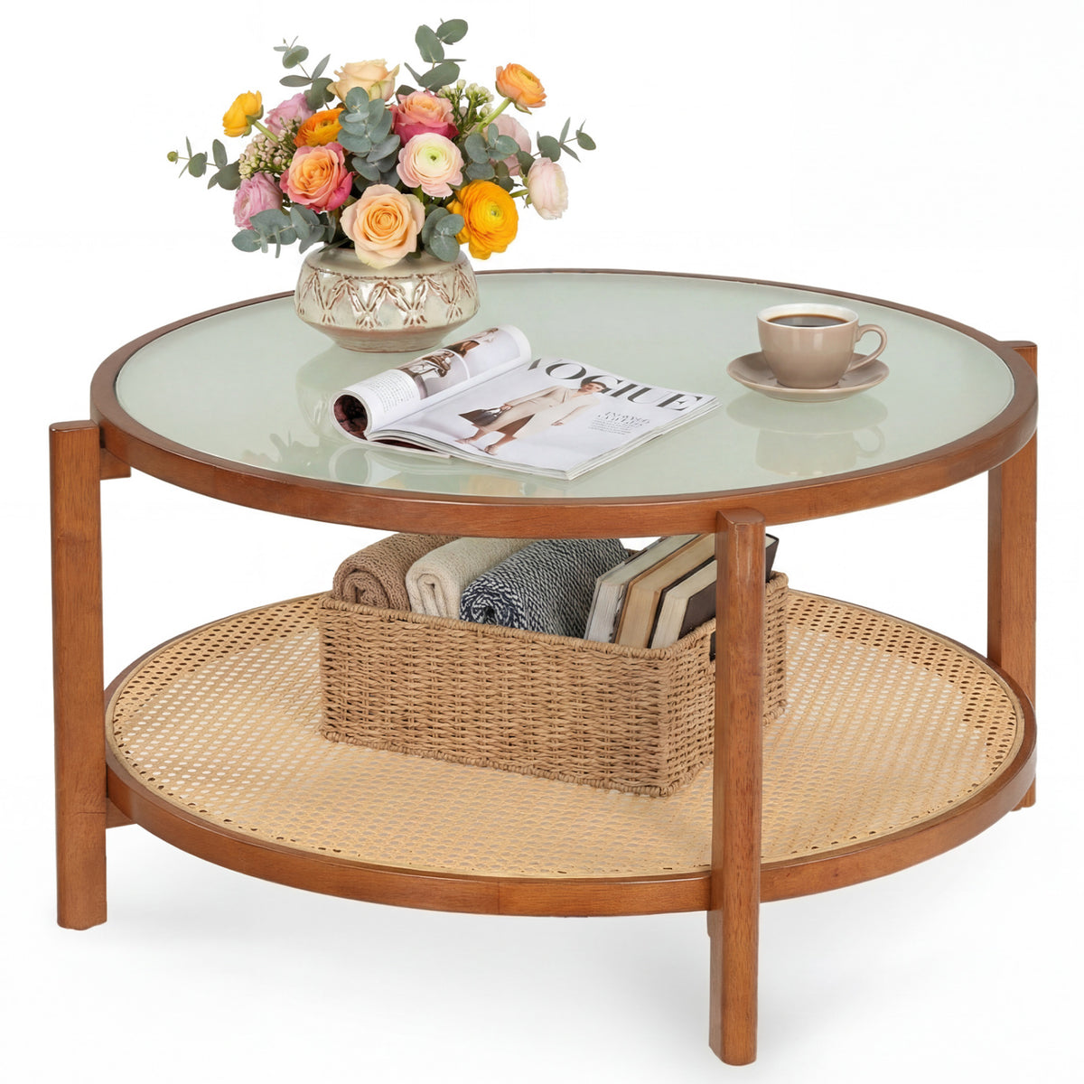 2-Tier Rattan Coffee Table with Frosted Tempered Glass Top and Wood Legs-Walnut