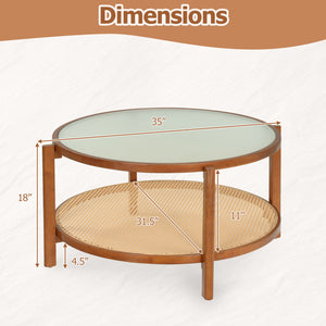 2-Tier Rattan Coffee Table with Frosted Tempered Glass Top and Wood Legs-Walnut