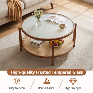 2-Tier Rattan Coffee Table with Frosted Tempered Glass Top and Wood Legs-Walnut