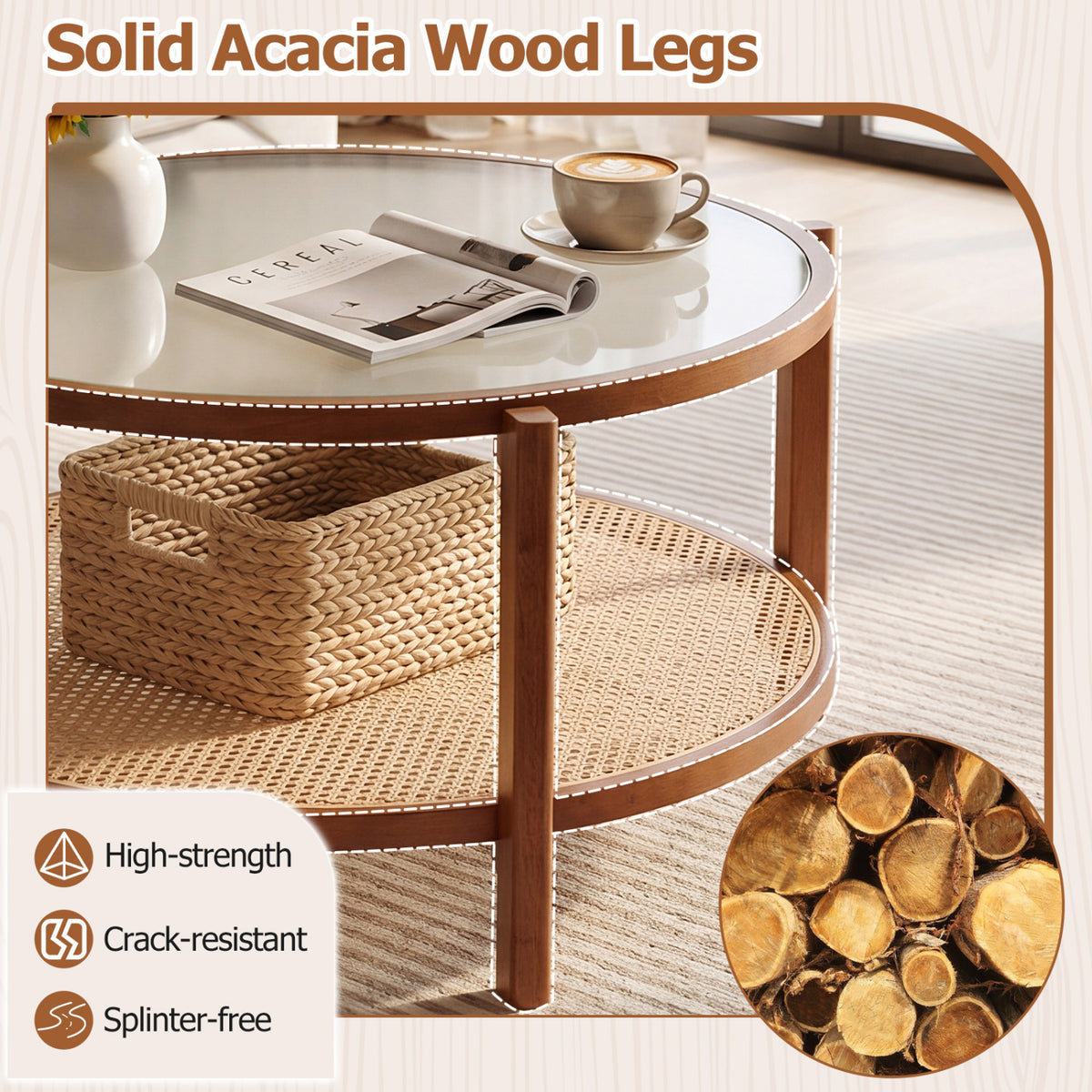 2-Tier Rattan Coffee Table with Frosted Tempered Glass Top and Wood Legs-Walnut