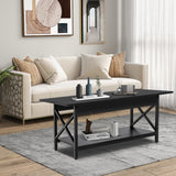2-Tier Rectangle Coffee Table with Storage Shelf and X-shaped Metal Frame-Black
