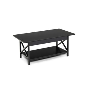 2-Tier Rectangle Coffee Table with Storage Shelf and X-shaped Metal Frame-Black