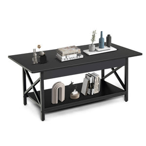 2-Tier Rectangle Coffee Table with Storage Shelf and X-shaped Metal Frame-Black
