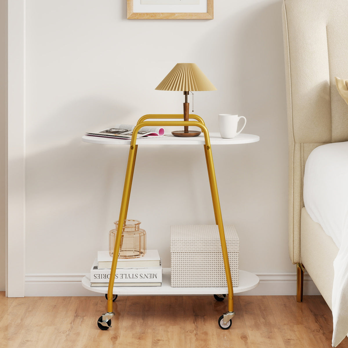 2-Tier Rolling End Table with Faux Marble Surfaces for Small Spaces-White