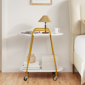 2-Tier Rolling End Table with Faux Marble Surfaces for Small Spaces-White
