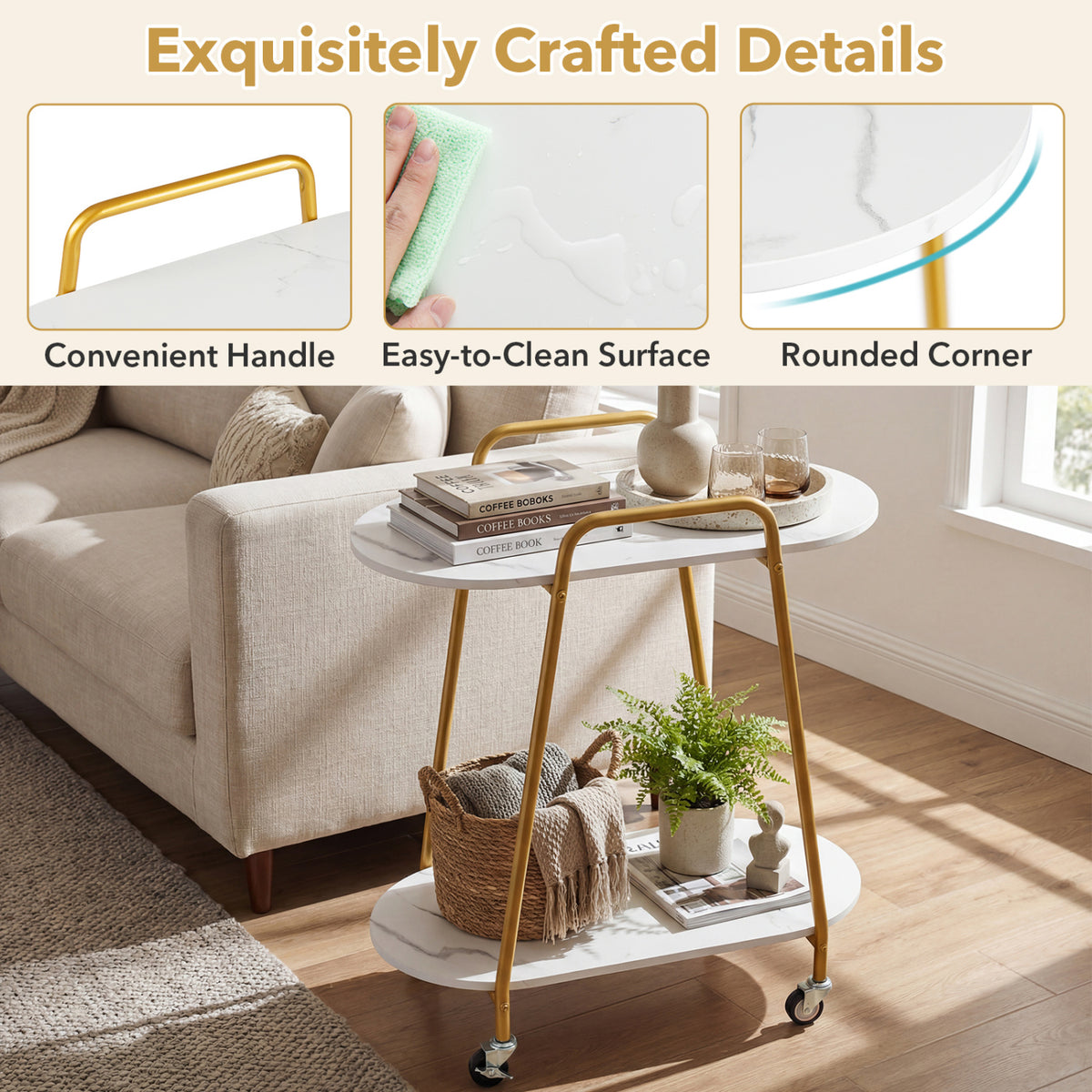 2-Tier Rolling End Table with Faux Marble Surfaces for Small Spaces-White