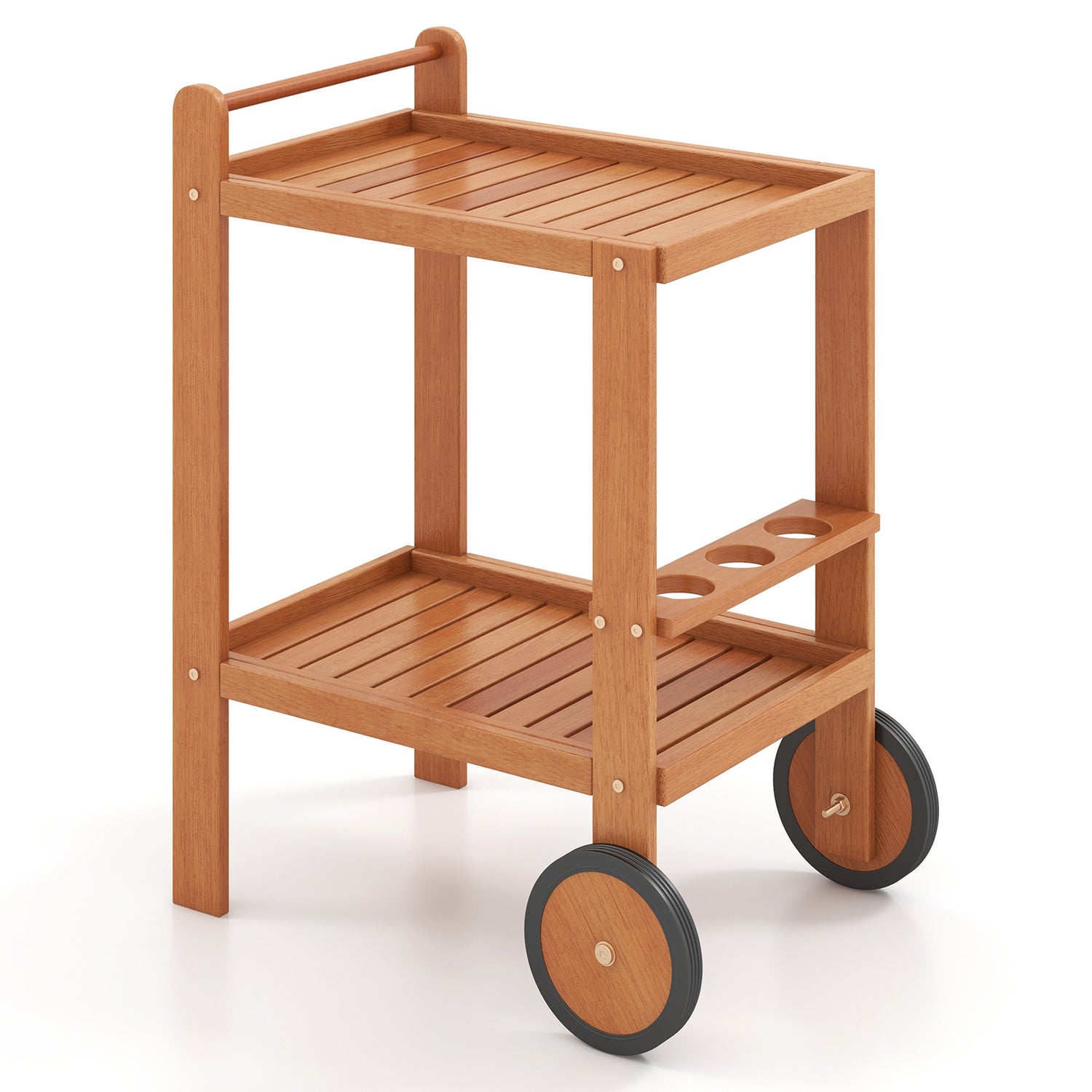 2 Tier Rolling Serving Cart with Wine Bottle Holders and 2 Rubber Wheels