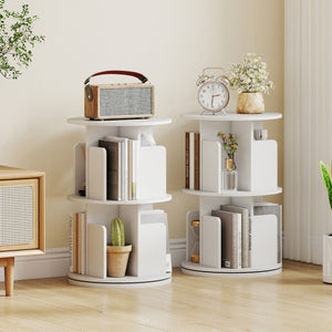 2-Tier Rotating Bookshelf with Dividers and Anti-falling Baffles-White