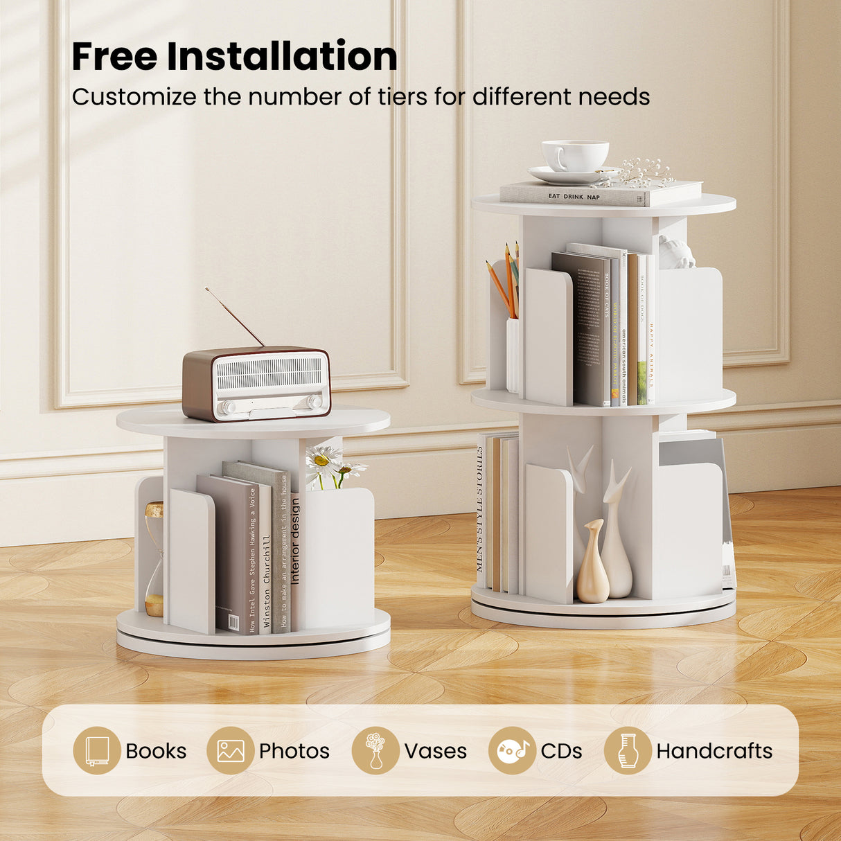 2-Tier Rotating Bookshelf with Dividers and Anti-falling Baffles-White