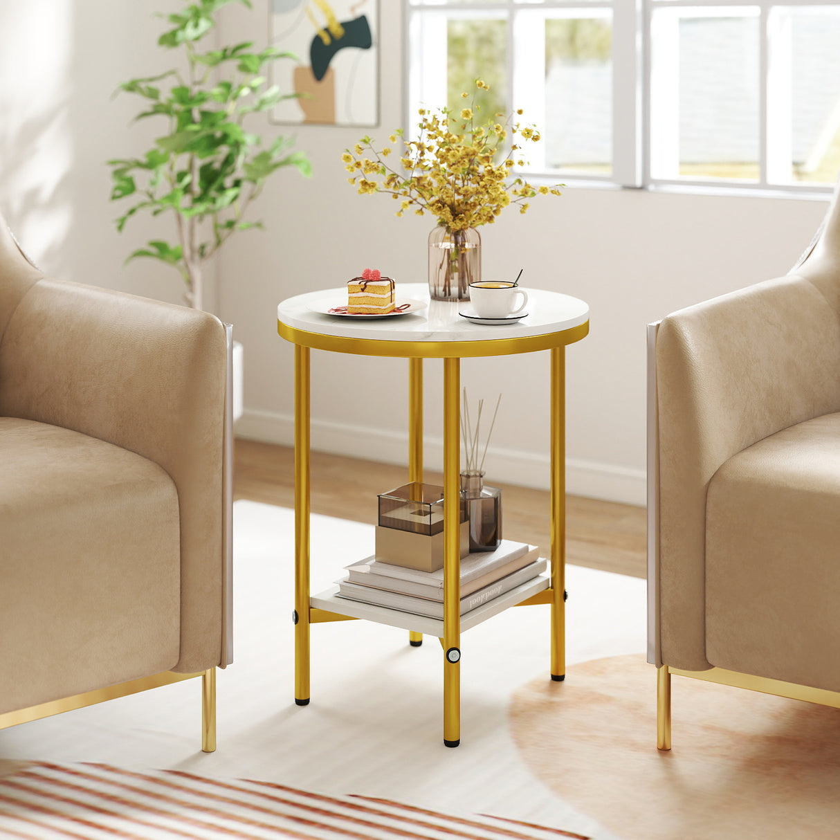 2-Tier Round Coffee Table with Storage Shelf-1