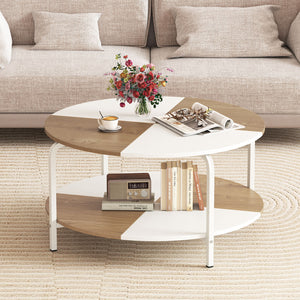 2-Tier Round Coffee Table Metal Frame with Storage Shelf-Natural & White