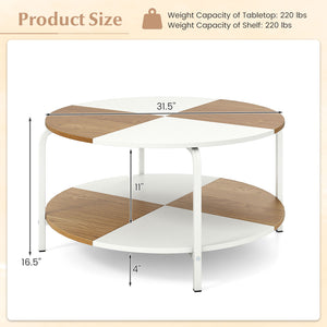 2-Tier Round Coffee Table Metal Frame with Storage Shelf-Natural & White