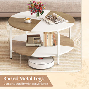 2-Tier Round Coffee Table Metal Frame with Storage Shelf-Natural & White