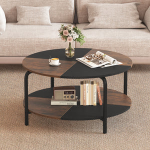 2-Tier Round Coffee Table Metal Frame with Storage Shelf-Rustic Brown