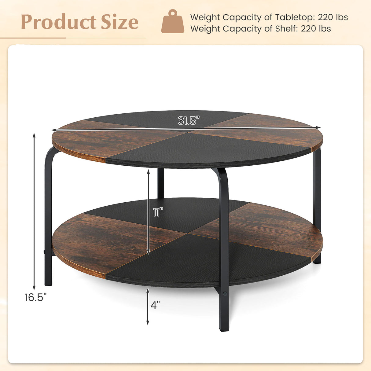 2-Tier Round Coffee Table Metal Frame with Storage Shelf-Rustic Brown