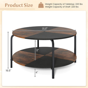 2-Tier Round Coffee Table Metal Frame with Storage Shelf-Rustic Brown