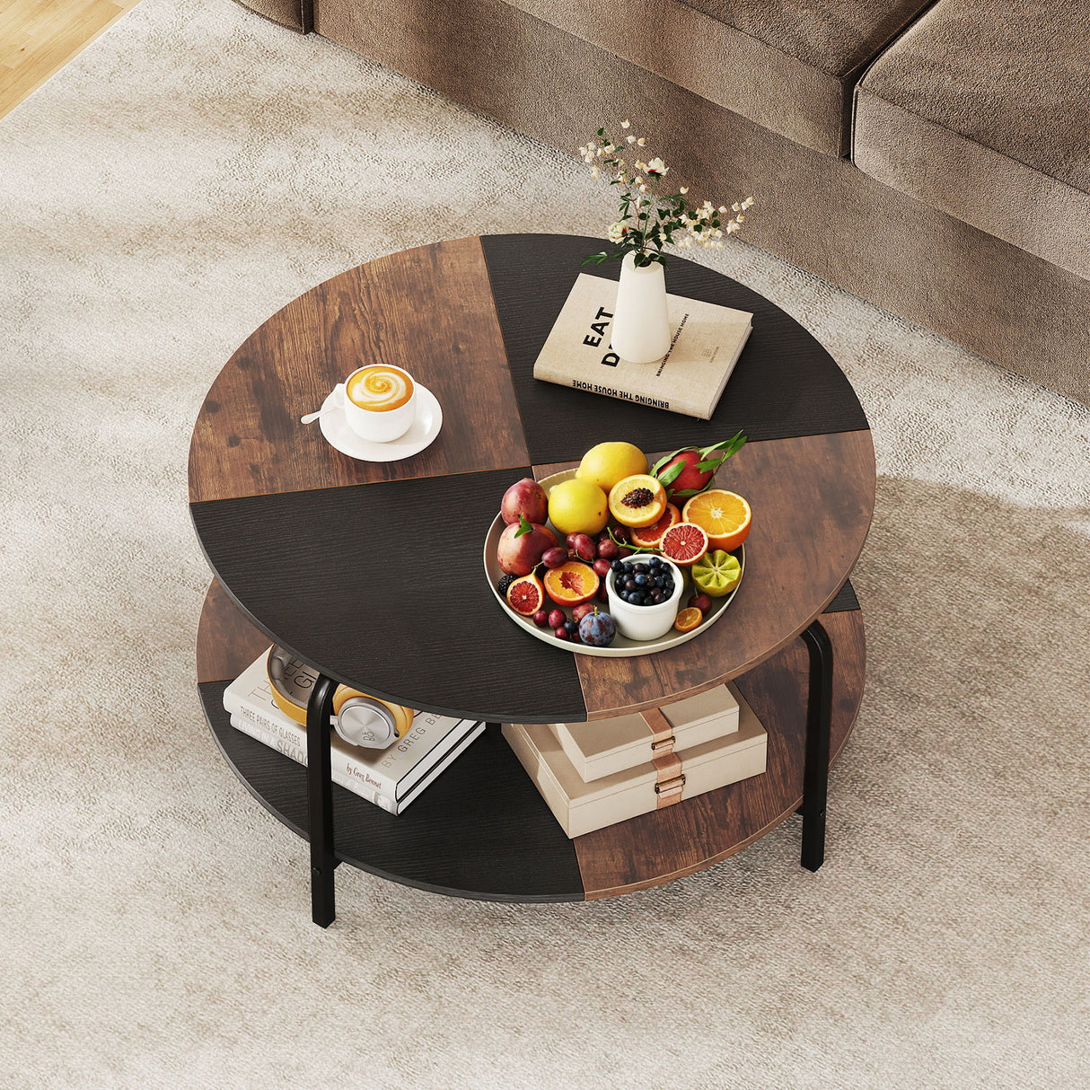 2-Tier Round Coffee Table Metal Frame with Storage Shelf-Rustic Brown
