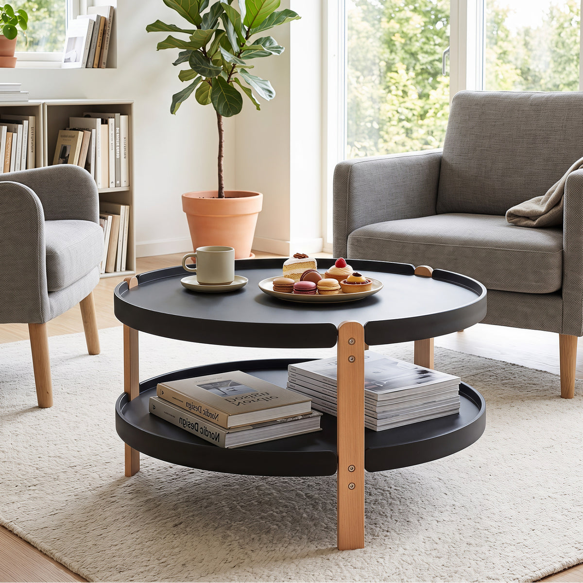 2-Tier Round Coffee Table with Open Storage Shelf and Solid Beech Wood Legs for Living Room-Black