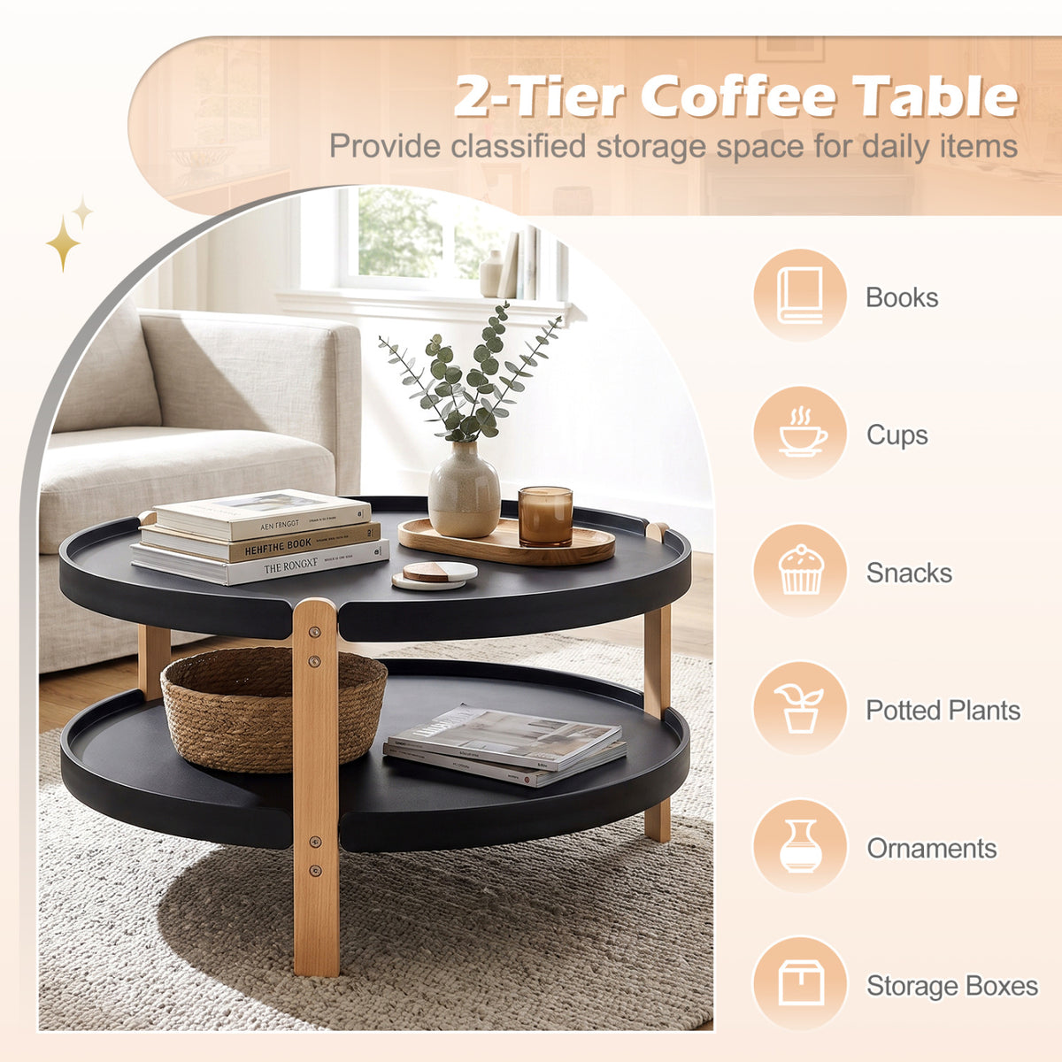 2-Tier Round Coffee Table with Open Storage Shelf and Solid Beech Wood Legs for Living Room-Black