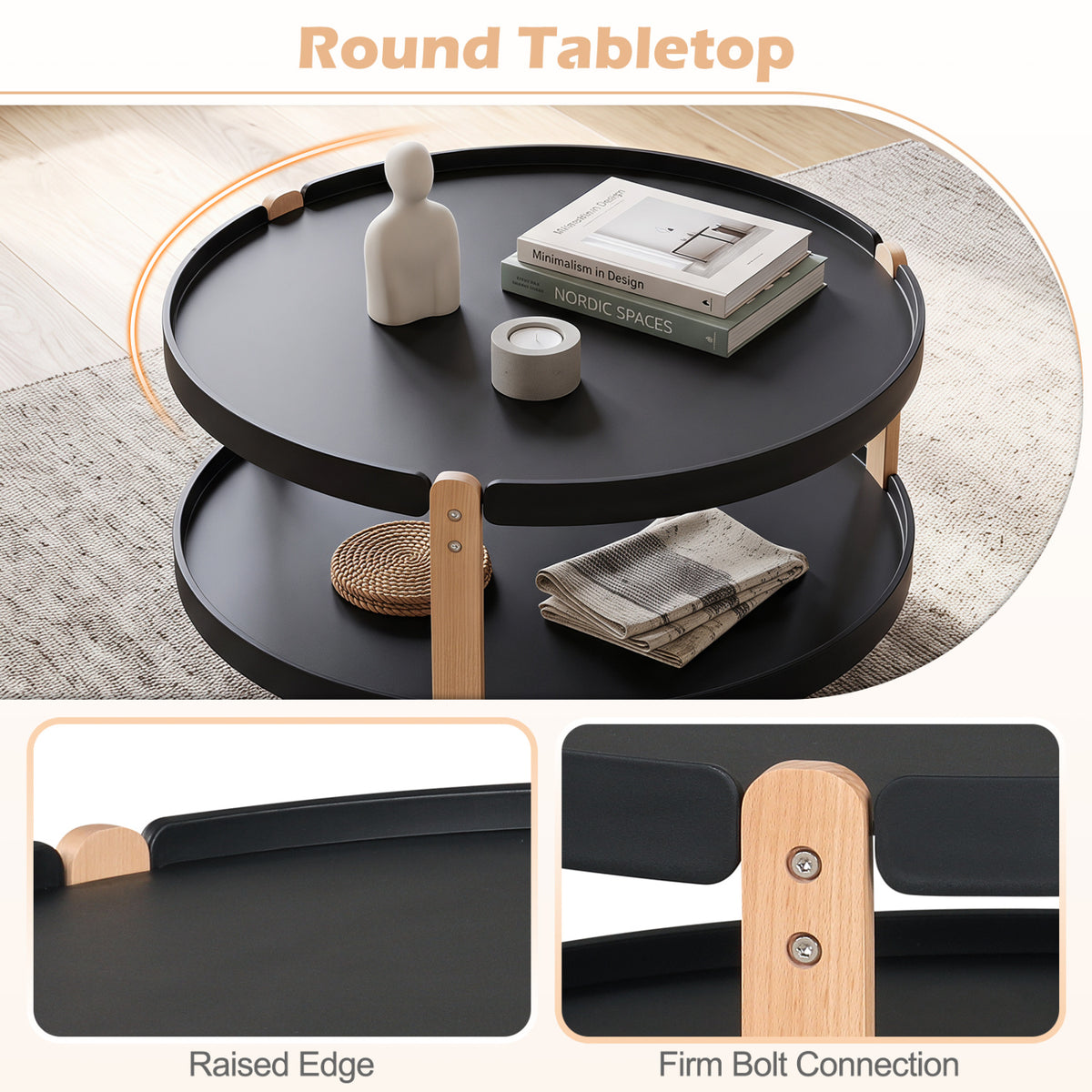 2-Tier Round Coffee Table with Open Storage Shelf and Solid Beech Wood Legs for Living Room-Black