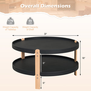 2-Tier Round Coffee Table with Open Storage Shelf and Solid Beech Wood Legs for Living Room-Black