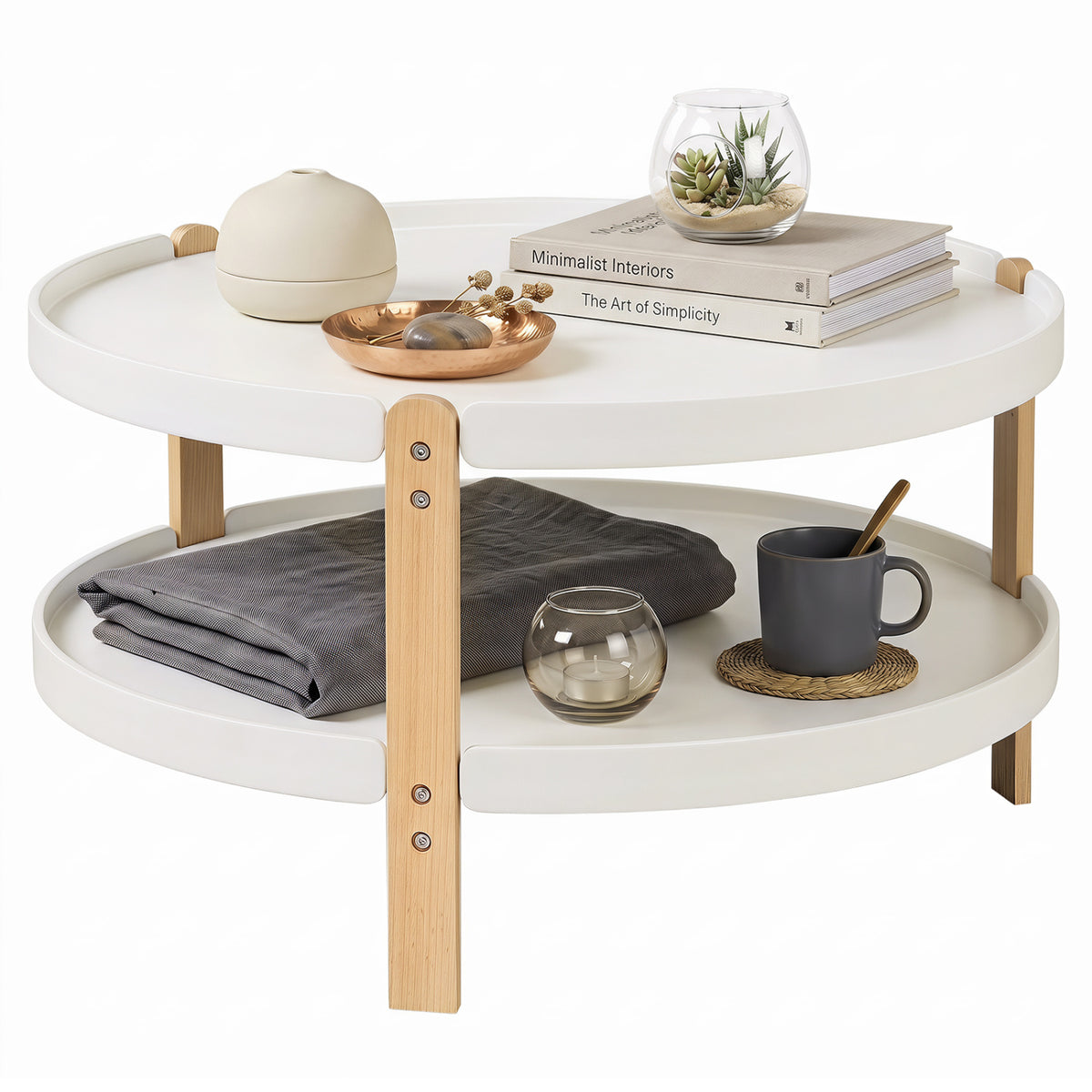 2-Tier Round Coffee Table with Open Storage Shelf and Solid Beech Wood Legs for Living Room-White