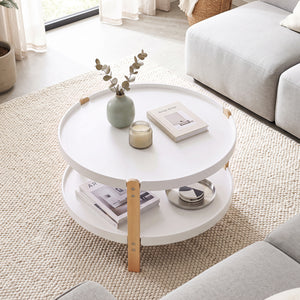 2-Tier Round Coffee Table with Open Storage Shelf and Solid Beech Wood Legs for Living Room-White