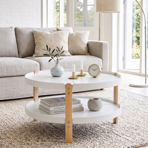 2-Tier Round Coffee Table with Open Storage Shelf and Solid Beech Wood Legs for Living Room-White