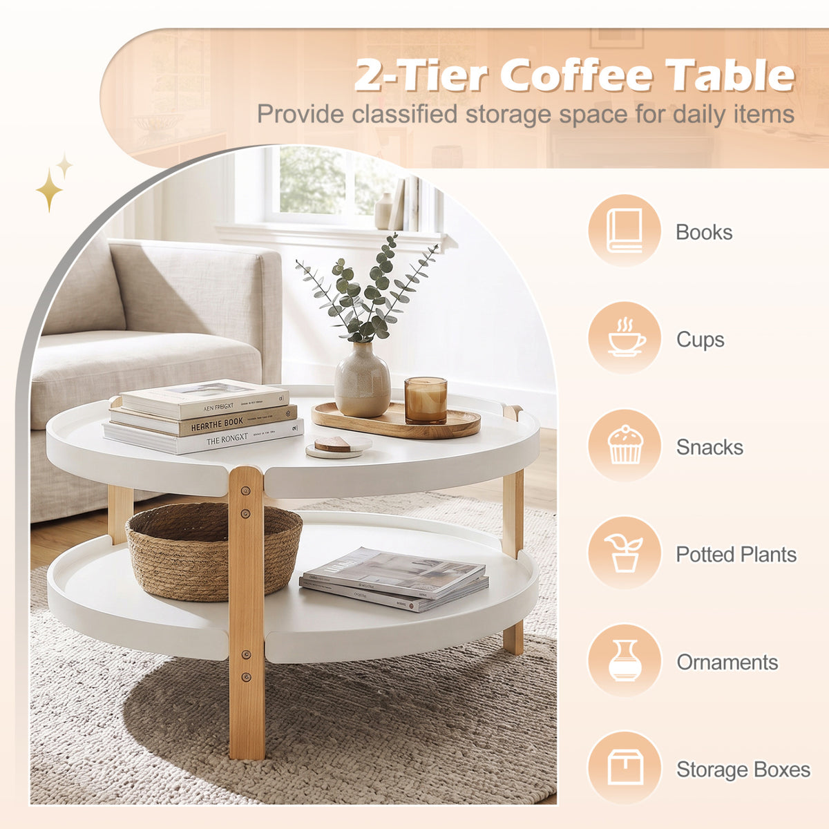 2-Tier Round Coffee Table with Open Storage Shelf and Solid Beech Wood Legs for Living Room-White