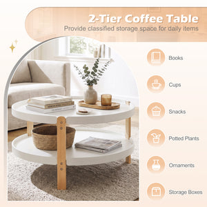 2-Tier Round Coffee Table with Open Storage Shelf and Solid Beech Wood Legs for Living Room-White