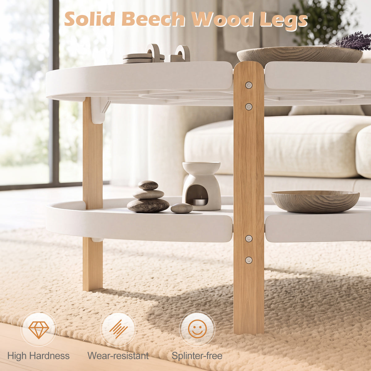 2-Tier Round Coffee Table with Open Storage Shelf and Solid Beech Wood Legs for Living Room-White