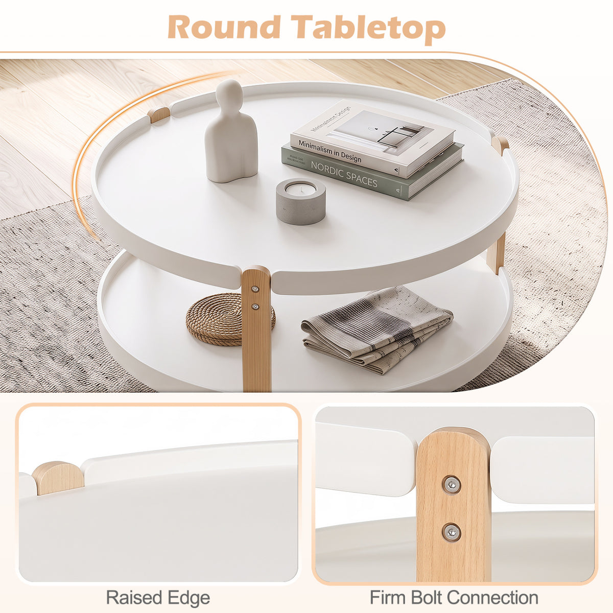 2-Tier Round Coffee Table with Open Storage Shelf and Solid Beech Wood Legs for Living Room-White