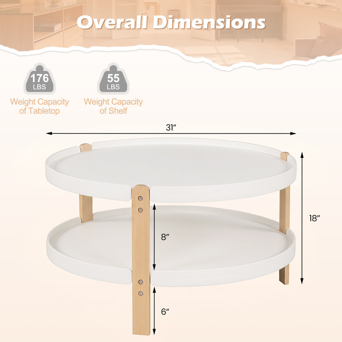 2-Tier Round Coffee Table with Open Storage Shelf and Solid Beech Wood Legs for Living Room-White