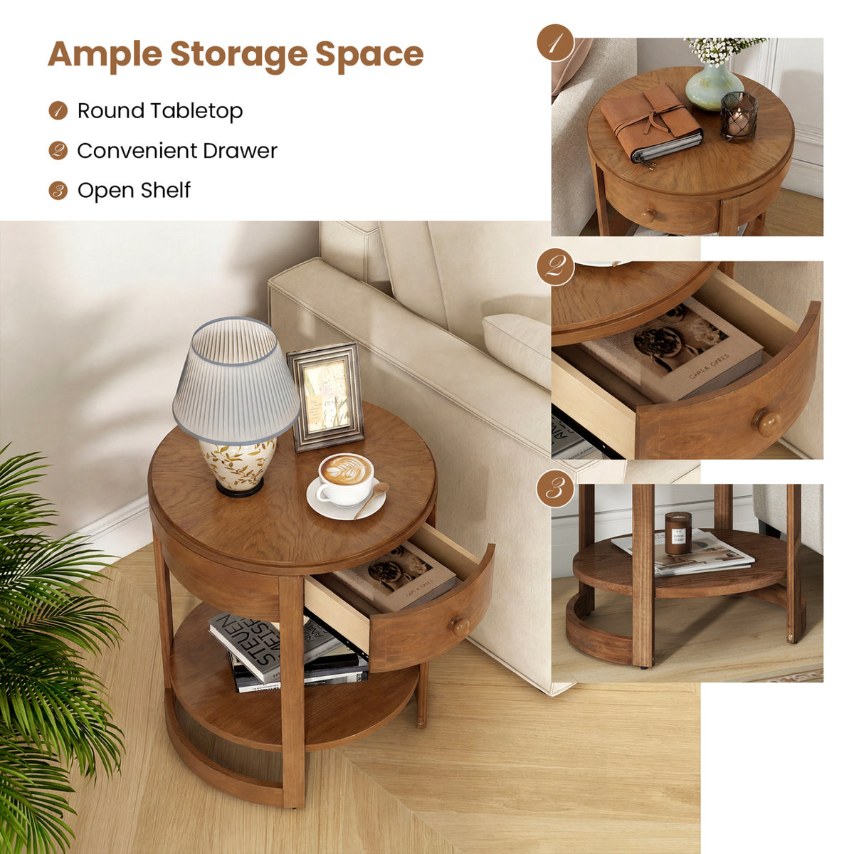 2-Tier Round End Table Mid Century Modern Nightstand-Oak