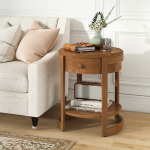 2-Tier Round End Table Mid Century Modern Nightstand-Oak