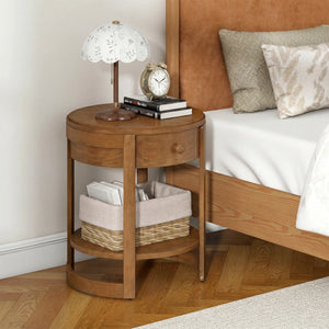 2-Tier Round End Table Mid Century Modern Nightstand-Oak