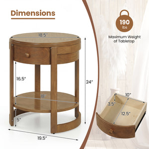 2-Tier Round End Table Mid Century Modern Nightstand-Oak