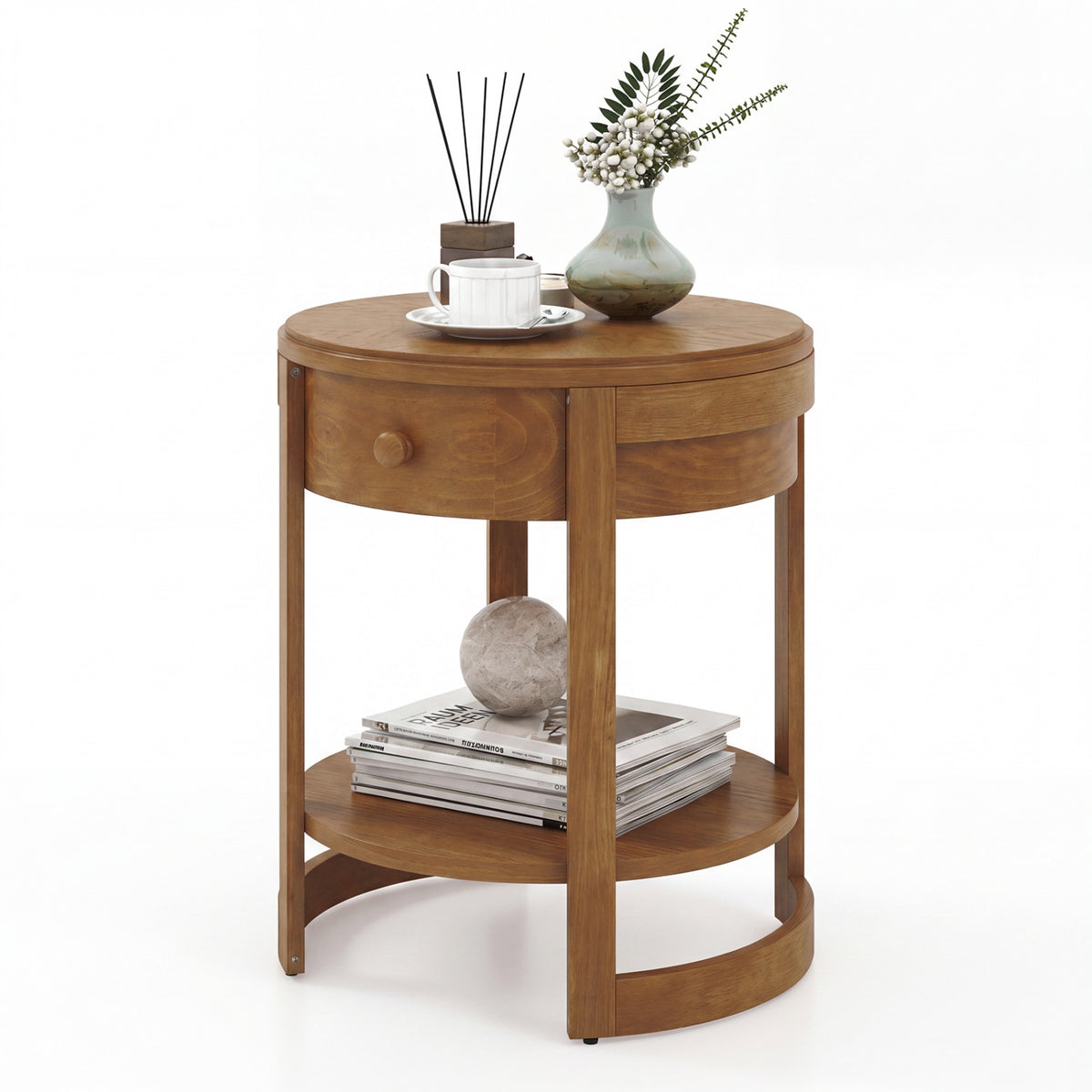 2-Tier Round End Table Mid Century Modern Nightstand Set of 2-Oak