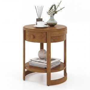 2-Tier Round End Table Mid Century Modern Nightstand Set of 2-Oak