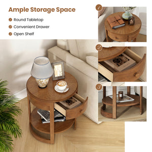 2-Tier Round End Table Mid Century Modern Nightstand Set of 2-Oak
