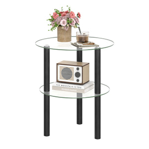 2-Tier Round End Table with Clear Tempered Glass Top and Shelf-Black