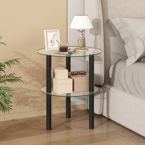 2-Tier Round End Table with Clear Tempered Glass Top and Shelf-Black