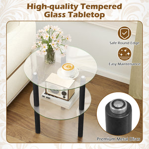 2-Tier Round End Table with Clear Tempered Glass Top and Shelf-Black