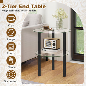 2-Tier Round End Table with Clear Tempered Glass Top and Shelf-Black