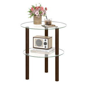 2-Tier Round End Table with Clear Tempered Glass Top and Shelf-Brown